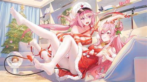 Pink Hair Cleavage Legs Feet Two Women Pink Eyes Anime Anime Girls Hat Christmas