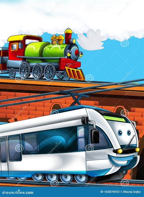 Cartoon Funny Look Train Wagon on Station Near the City and Flying ...