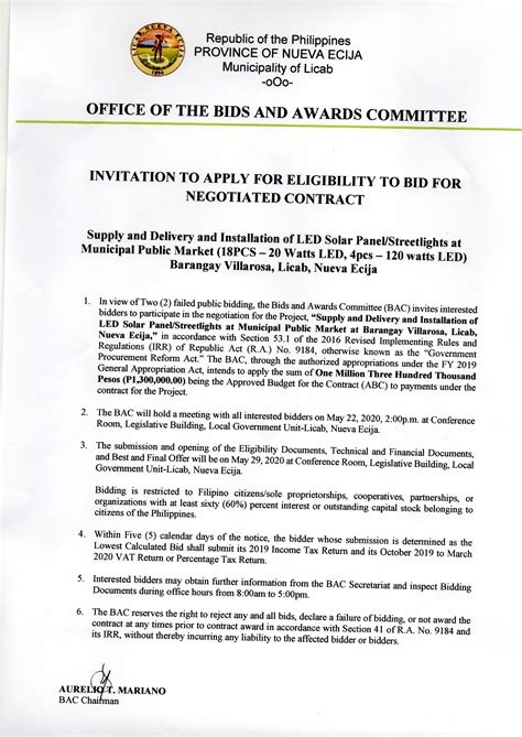 Invitation To Apply For Eligibility To Bid For Negotiated Contract