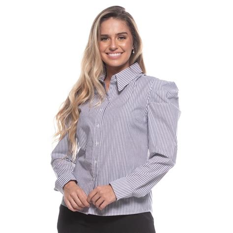 Camisa Botão Feminina Listrada Algodão Manga Bufante Azul Escuro GG