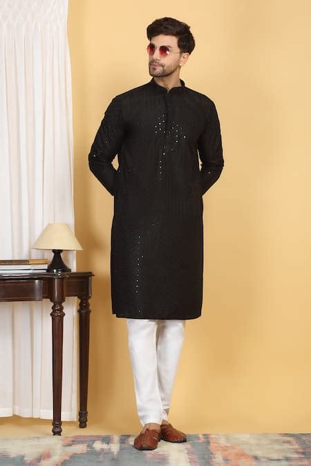 Buy Black Cotton Embroidery Thread Aham Sequin Kurta Set For Men By