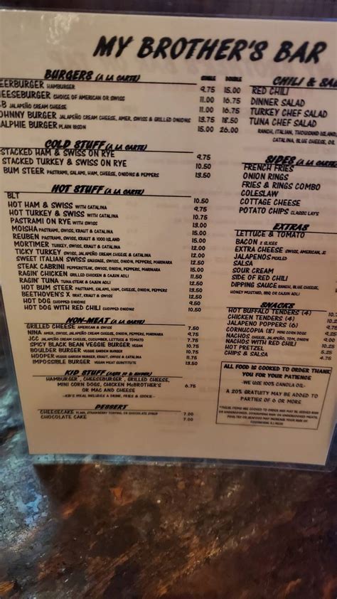 Menu at My Brother's Bar, Denver