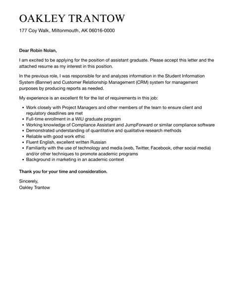 Cover Letter For Graduate Assistantship