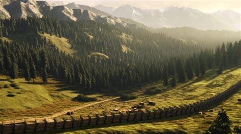 Premium AI Image | a train travels through a valley with mountains in the background.