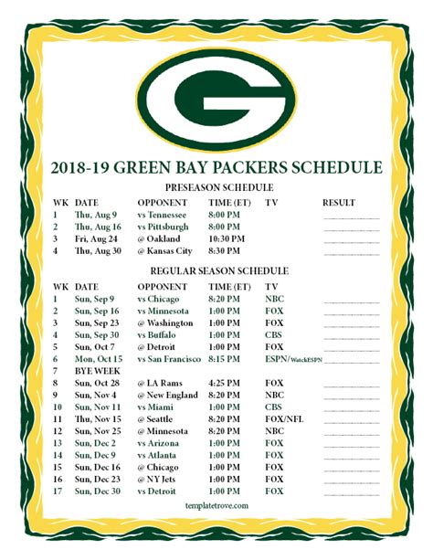 Printable 2018-2019 Green Bay Packers Schedule