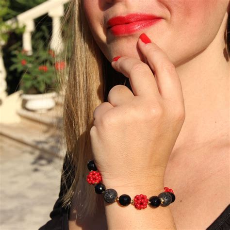 Silver Lava Stone And Red Coral Bracelet Sicily Lover