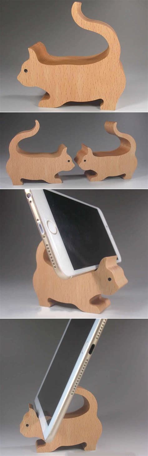 Wooden Cat Shaped Mobile Phone Ipad Holder Stand Diy Phone Stand