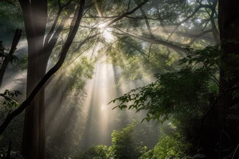 Glimpse of Forest Oasis through a Veil of Mist, with the Sun Shining ...