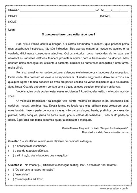 Texto Informativo Sobre A Dengue Ano Texto Exemplo