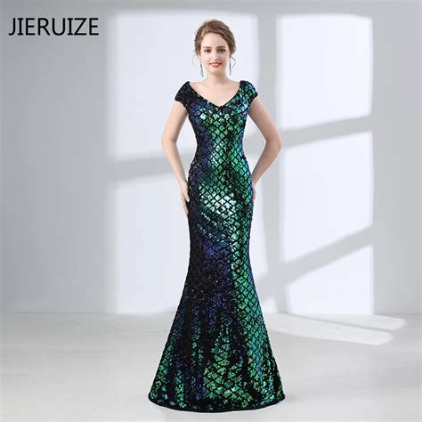 Jieruize Verde Lantejoulas Sereia Vestidos De Noite Longo 2018 V Neck