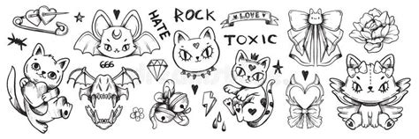 Grunge Doodle Cat Set Tattoo Sketch Kitten Vector Hand Drawn Gothic