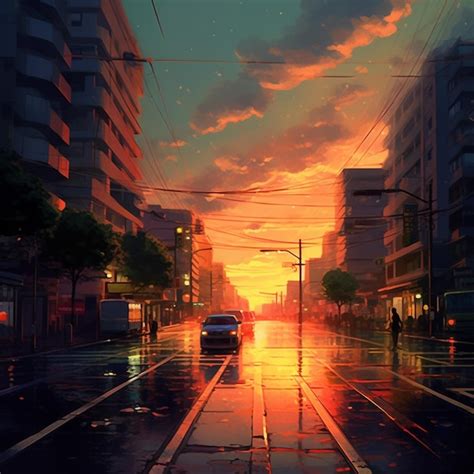 Premium Ai Image Anime City Street Scene With A Car Driving Down The