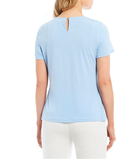 Lyst Calvin Klein Solid Matte Jersey Pleat Neck Short Sleeve Top In Blue