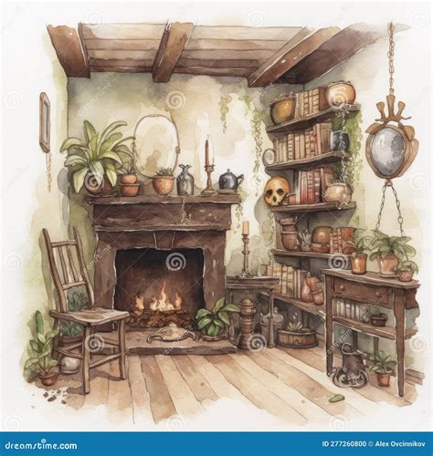 Enchanting Witch Room Watercolor On White Background For Invitations
