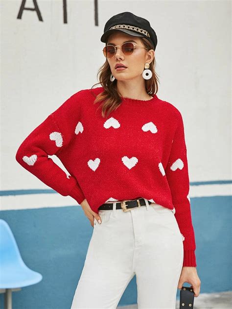 SHEIN Drop Shoulder Heart Pattern Sweater High Waist Pants Fashion