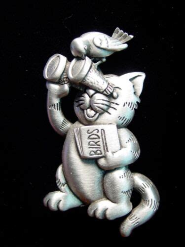 Jj Jonette Jewelry Silver Pewter Bird Watching Cat Pin Ebay