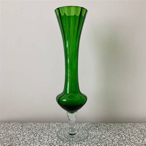 Green Fluted Glass Bud Vase On A Clear Twisted Stem Etsy