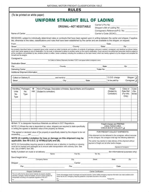 Bill Of Lading Printable Template