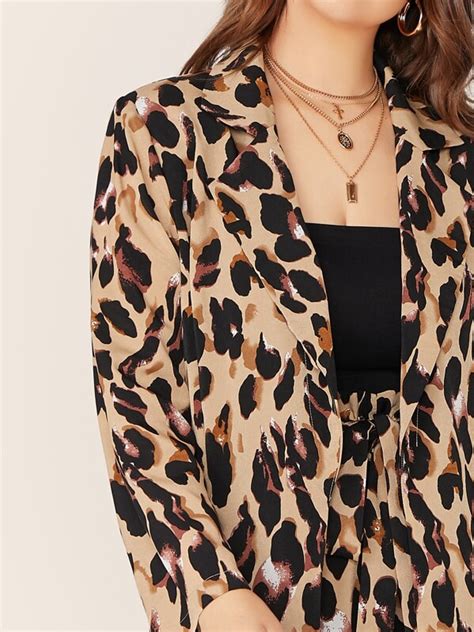 Shein Lune Plus Leopard Print Notch Collar Blazer And Belted Shorts Set