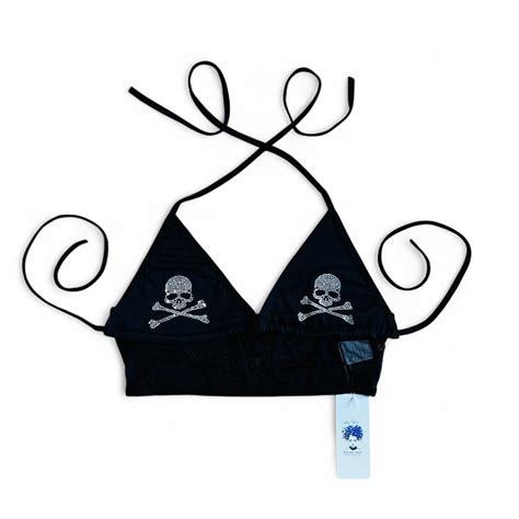 Black Mesh Bikini Crop Top Diamanté Skull and Depop