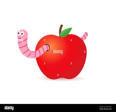 Red Apple With Worms Worm Is A Cartoon Character Coming Out Of An