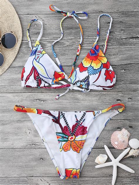 Off Printed Strappy String Bikini Set In White Zaful