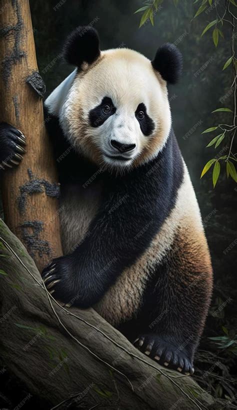 Premium AI Image | A panda is climbing a tree and is looking at the camera.