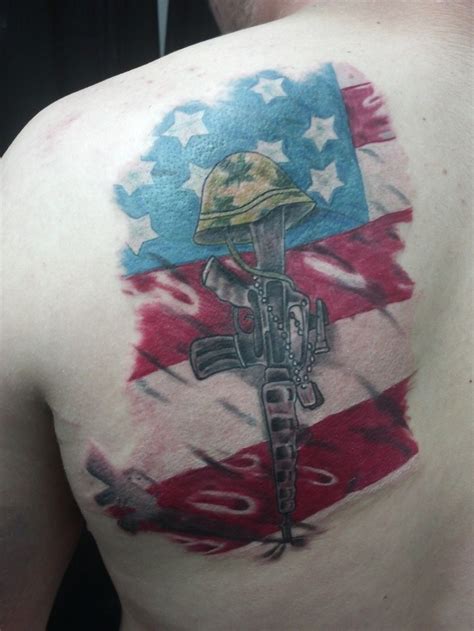 Us flag military memorial tattoo on shoulder blade - Tattooimages.biz