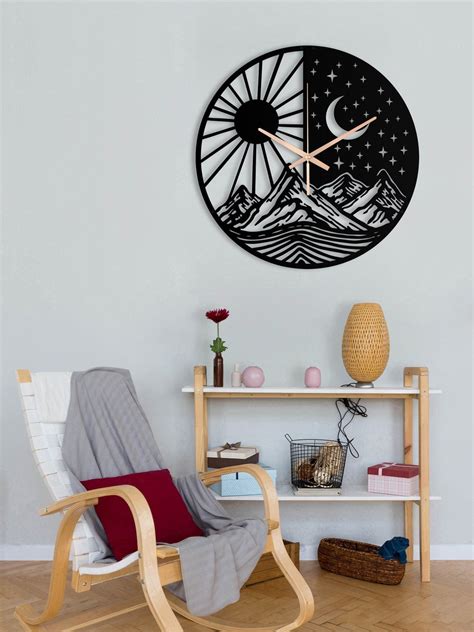 Large Wall Clock Sun And Moon Clock Mountain Metal Wall Etsy