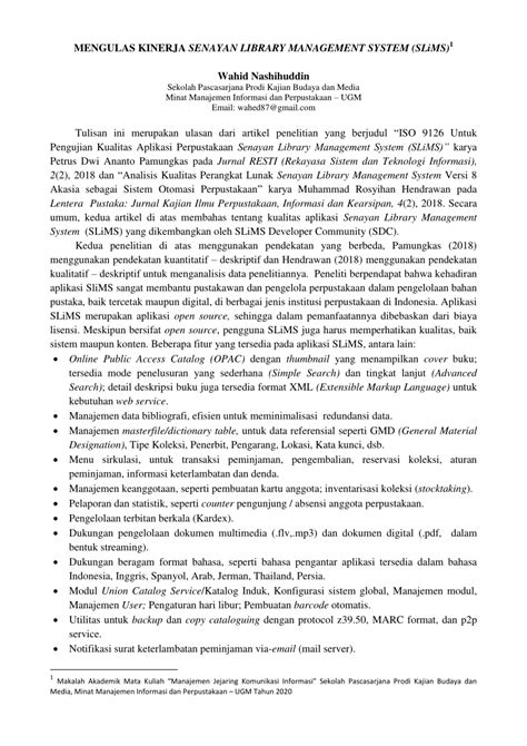 Pdf Mengulas Senayan Library Management System Slims Dari Artikel