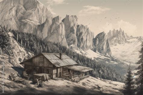 Charcoal Illustration Of Dolomite Hut Below Majestic Mount Pelmo Selva