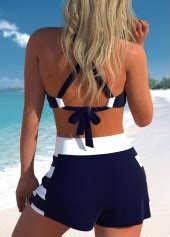 ROTITA Patchwork Navy Striped High Waisted Bikini Set Rotita