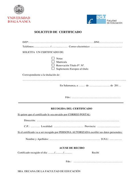 Completable En línea usal SOLICITUD DE CERTIFICADO usales Fax Email