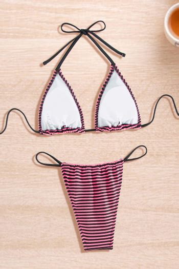 Wholesale Sexy Striped Padded Halter Neck Triangle Lace Up Bikini Set