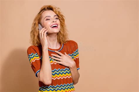 Portrait Of Optimistic Girl With Wavy Hair Wear T Shirt Speak On