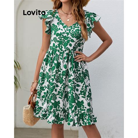 Lovito Boho Ditsy Floral Ruffle Dress For Women Lnl Green Blue