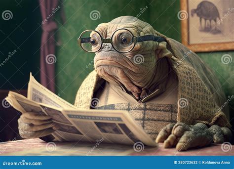 A Very Old Turtle Wearing Glasses And Reading Newspapercreated With