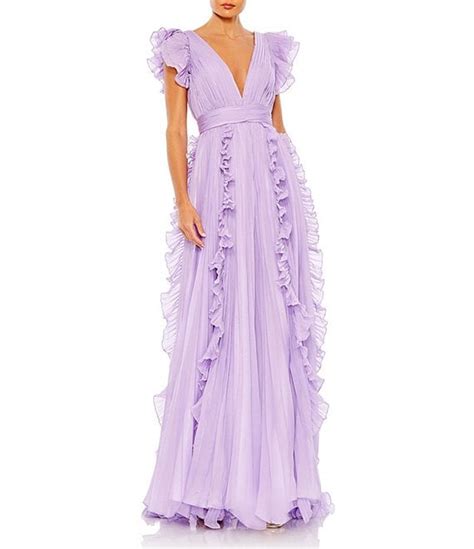 Mac Duggal Pleated Ruffle Cap Sleeve Deep V Neck Flowy A Line Gown