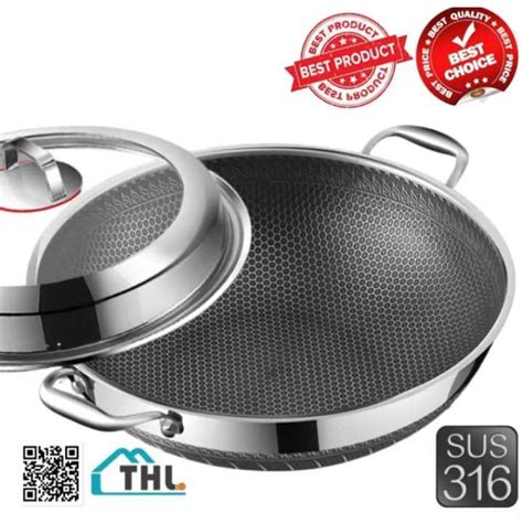 Sus Stainless Steel Honeycomb Pan Non Stick Wok With Lid Shopee