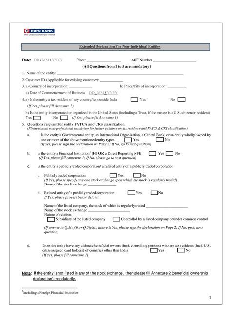 Simplified Fatca Crs Entity Annexure V1 Extended Declaration For Non Individual Entities Date