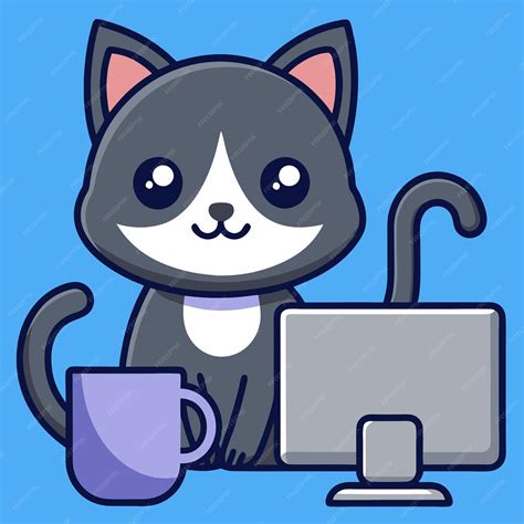 Cute Cat And Computer Cartoon Vector Icon Illustration Animal