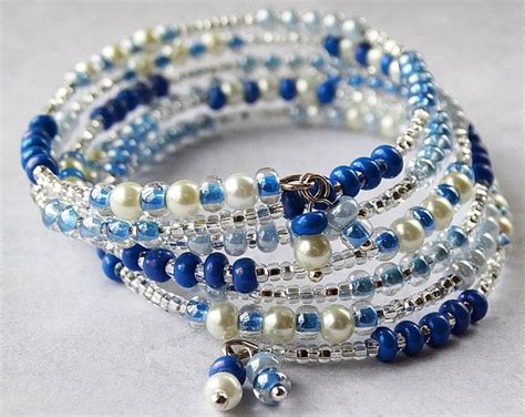 Blue Wrap Bracelet Blue Jewelry Pearl Bracelet White Jewelry