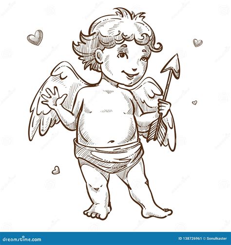 Angel With Arrow And Wings Valentines Day Cupid Sketch Stock Vector