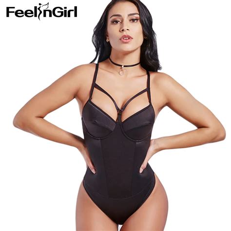 Feelingirl Firm Control Thong Bodysuit Strappy Women Sexy Plunge Teddy