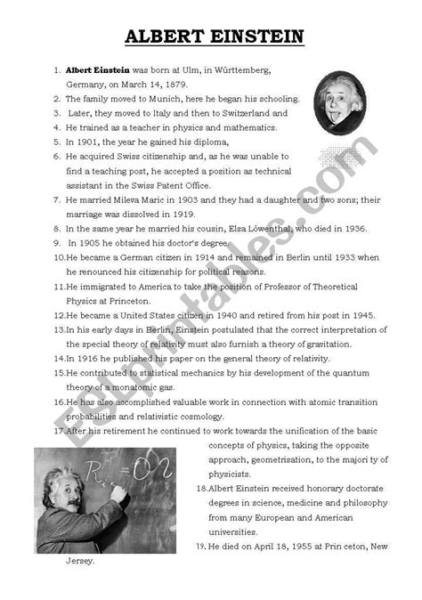 Albert Einstein Esl Worksheet By Arydienass