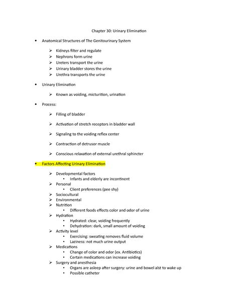 Urinary Elimination Note For Nursing Chapter Urinary