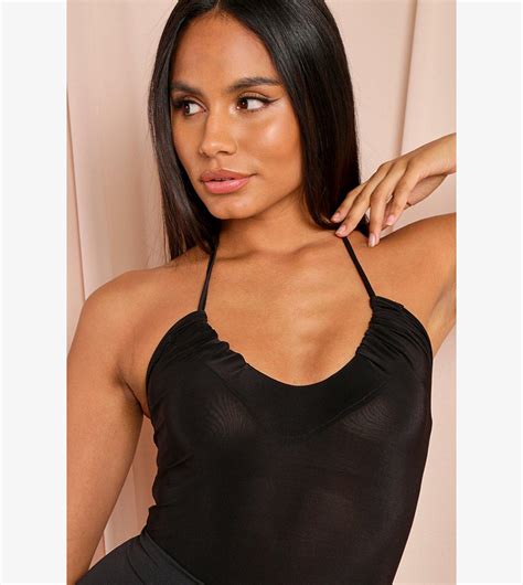 Buy Misspap Gathered Halter Neck Thong Bodysuit Top In Black