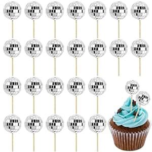 CLUEWR 24 PCS Disco Ball Cupcake Toppers Silver Small Disco Mirror