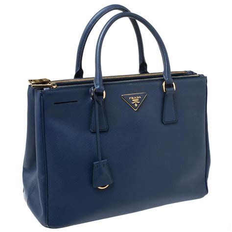 Prada Navy Blue Saffiano Lux Leather Medium Double Zip Tote For Sale At