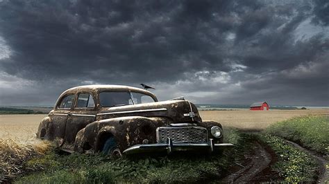 HD wallpaper: clouds, field, old car, vintage, farm, classic car, mode ...